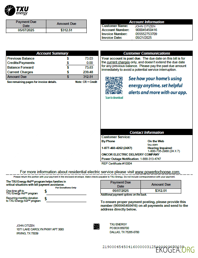 USA TXU Energy utility bill template in Word and PDF formats, version 7